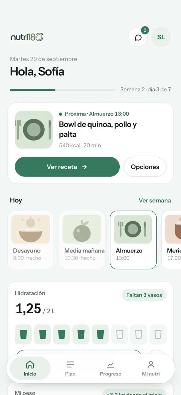 App del paciente: pantalla Hoy con la próxima comida del plan