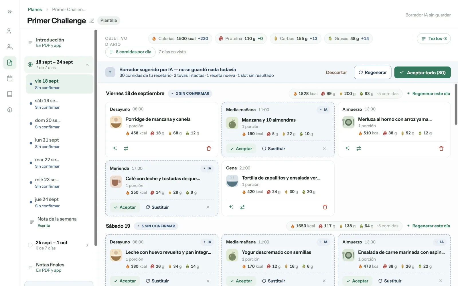 Borrador de plan sugerido por IA, con comidas para aceptar o sustituir